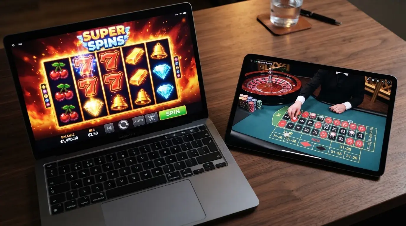 Koláž z obrazovek několika populárních online automatů od českých poskytovatelů — Synot, Apollo Games — vedle rozhraní live rulety