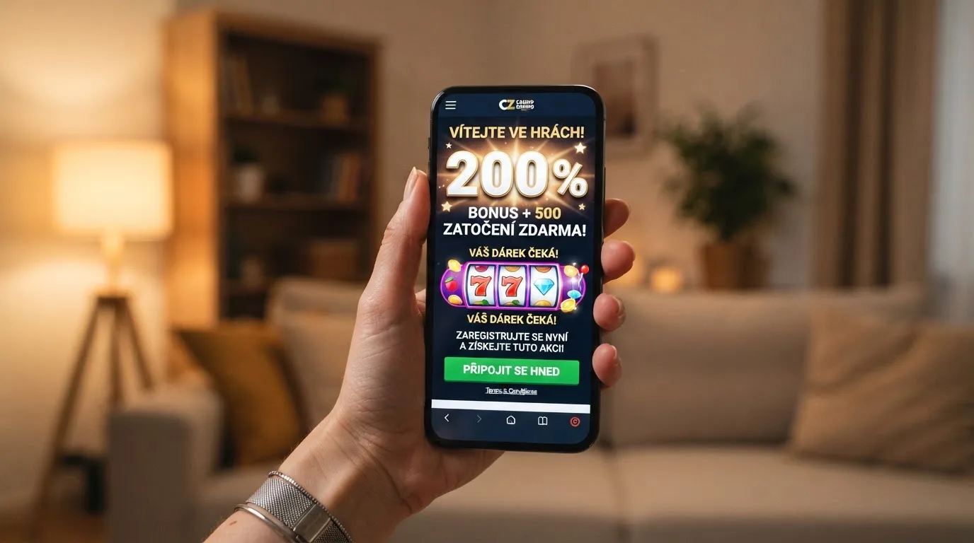 Mobilní telefon zobrazující uvítací nabídku online kasina — zvýrazněný bonusový banner s procentuálním navýšením a počtem volných zatočení
