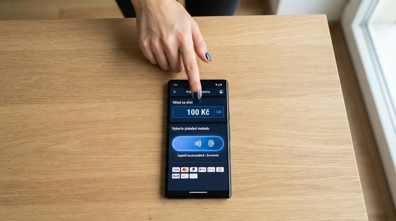 Displej iPhonu s pokladnou online kasina — zvýrazněné tlačítko Apple Pay mezi platebními metodami, vedle pole pro zadání částky