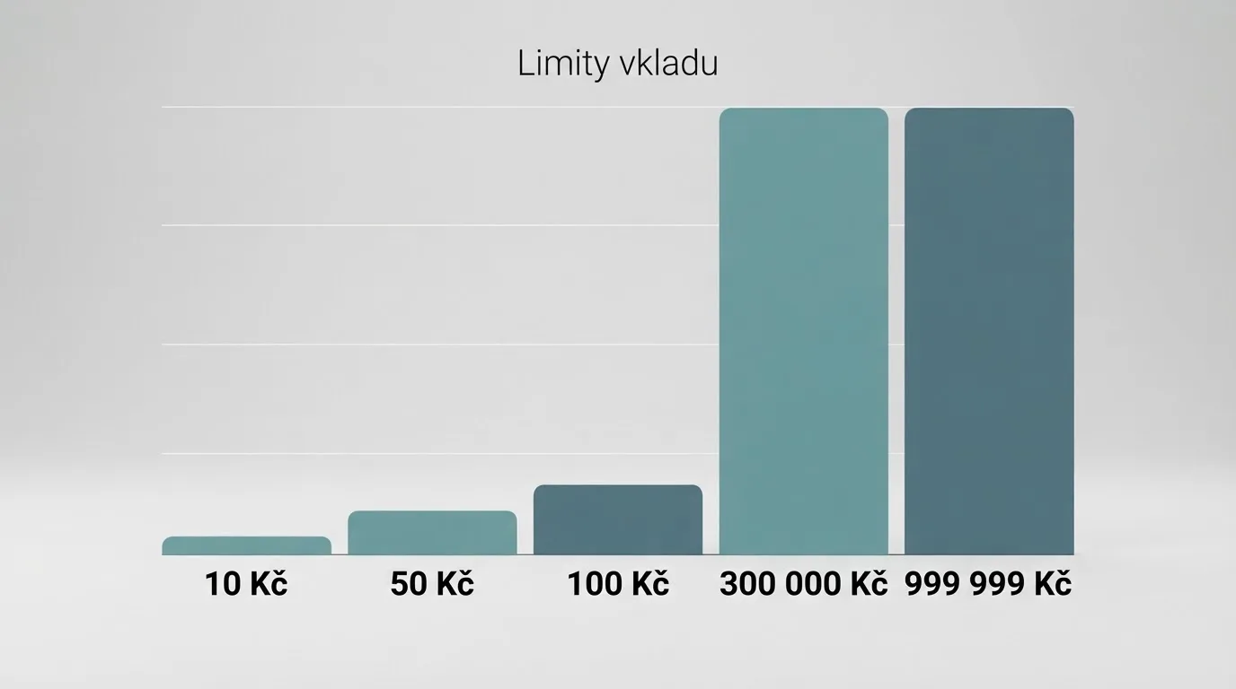 Infografika porovnávající pět sloupců s minimálními a maximálními limity vkladů napříč Apple Pay kasiny — od částky 10 Kč po 999 999 Kč