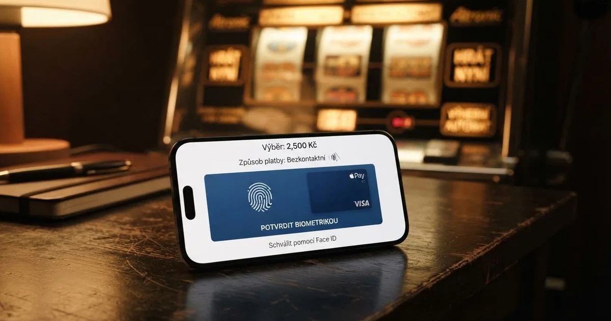 iPhone s otevřenou aplikací online kasina, na displeji dialogové okno Apple Pay s ikonou karty, na pozadí herní automat