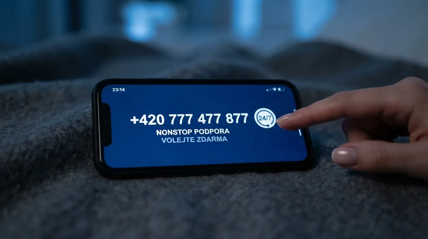 Telefon s číslem NONSTOP linky pomoci +420 777 477 877 na displeji, vedle něj symbol nonstop provozu, v pozadí tlumené modré světlo